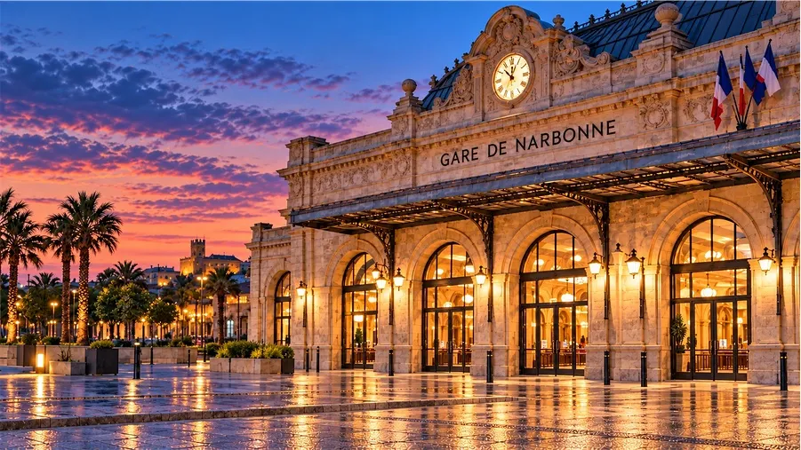 Façade de la gare de Narbonne au coucher du soleil