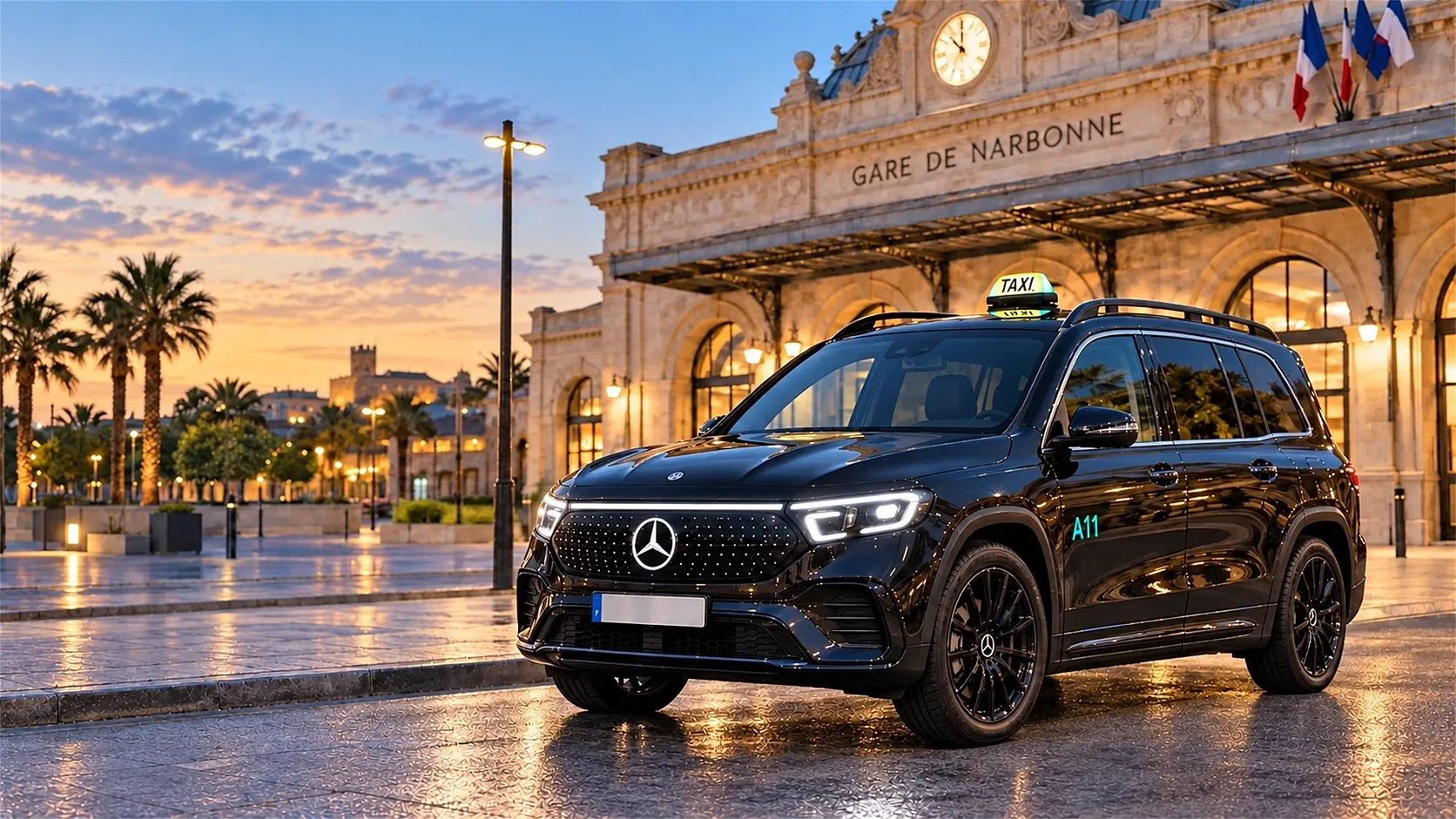 Taxi SUV Mercedes noir d'Action 11 Taxi devant la gare de Narbonne au coucher du soleil